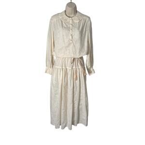 ILGWU‎ Vintage Antique Cream Eyelet Long Sleeve Button Up Maxi Dress Size 14